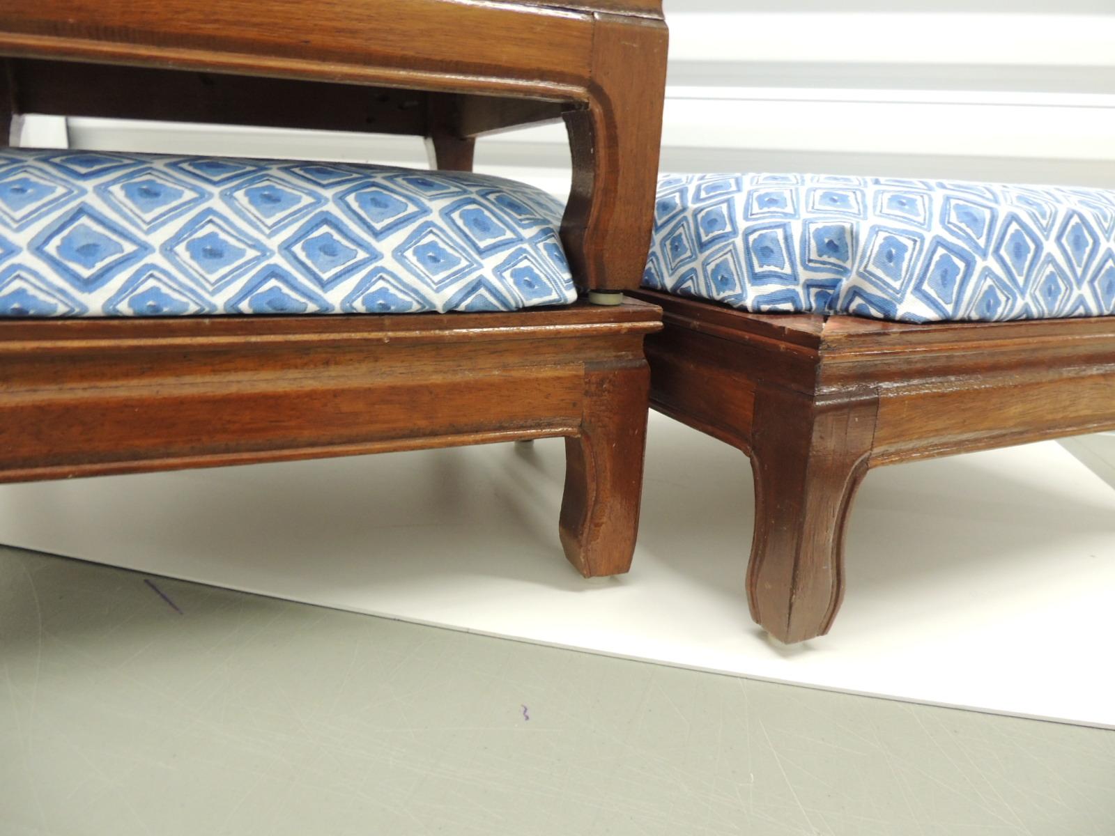 Hand-Crafted Vintage Set of (3) Square Nesting Ottoman/Stools Covered in Blue & White Fabric