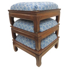 Vintage Set of (3) Square Nesting Ottoman/Stools Covered in Blue & White Fabric