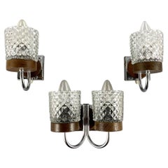Vintage Set of 3 Wall Sconces Textured Glass, Metal and Wooden Sconces