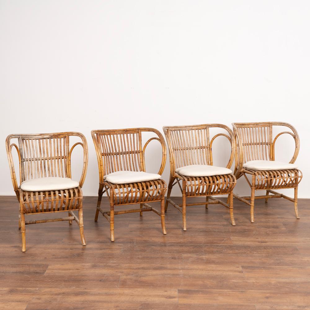 Mid-Century Modern Vintage Set of 4 Bamboo Wicker Arm Chairs by Robert Wengler, Denmark 1960's For Sale