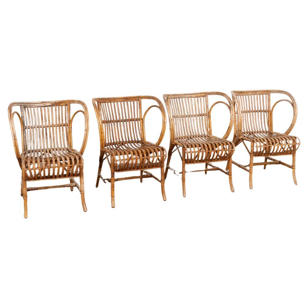 Ensemble vintage de 4 fauteuils en osier et bambou de Robert Wengler, Danemark, années 1960 en vente