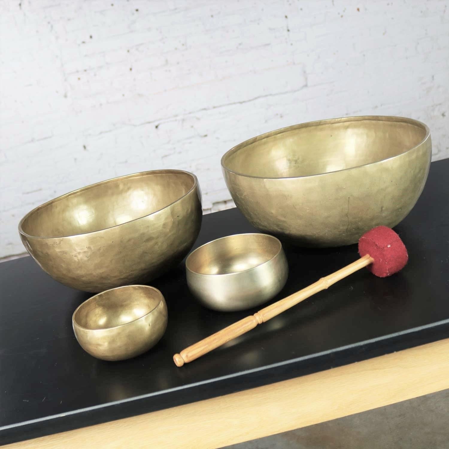 Chinese Export Vintage Set of 4 Bronze Nesting Singing Bowls or Standing Bowls with Mallet