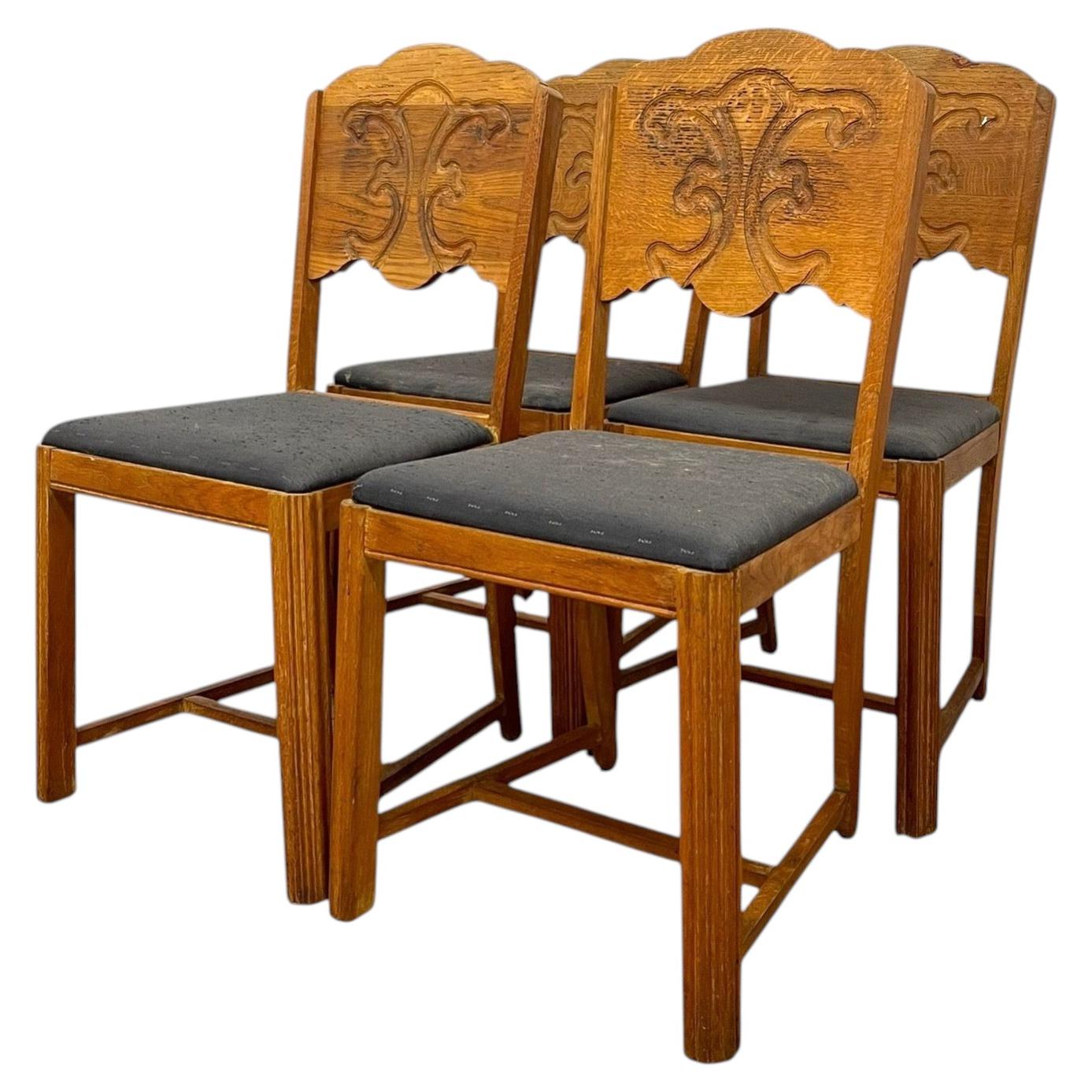 Vintage Set of 4 Carved Dining Chairs with Upholstered Seats.