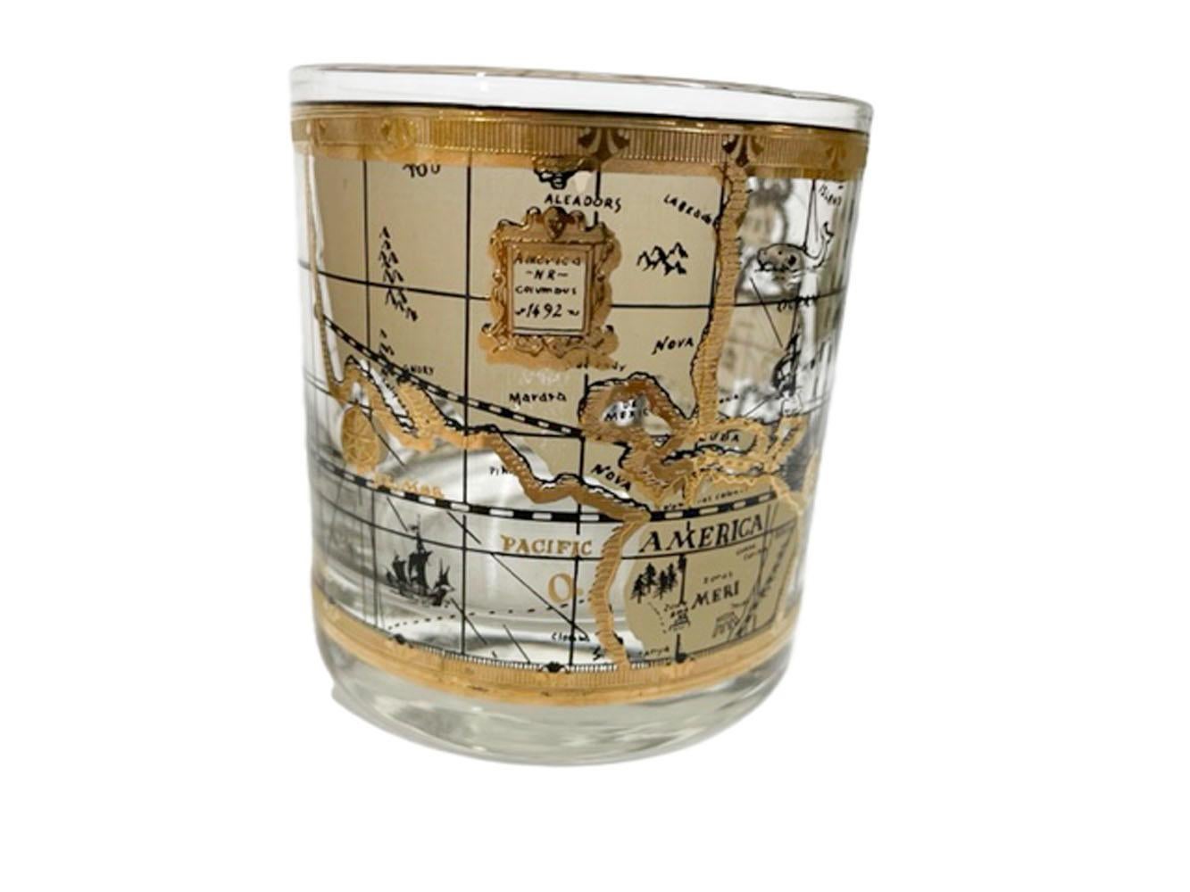 Set of 4 mid-century modern cocktail or rocks glasses by Cera in the Old World Map pattern, with a map designed to look like an antique map on parchment in tans and 22k gold.

We have multiple listings for the Old World Map pattern in other forms,