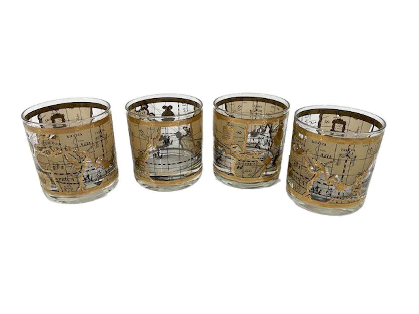 Mid-Century Modern Vintage Set of 4 Cera Glassware Old World Map Pattern Cocktail or Rocks Glasses 
