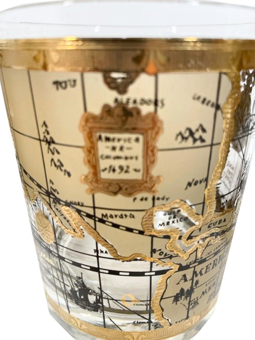 Set of 4 mid-century modern rocks glasses by Cera in the Old World Map pattern, with a map designed to look like an antique map on parchment in tans and 22k gold.

We have multiple listings for the Old World Map pattern in other forms, some with