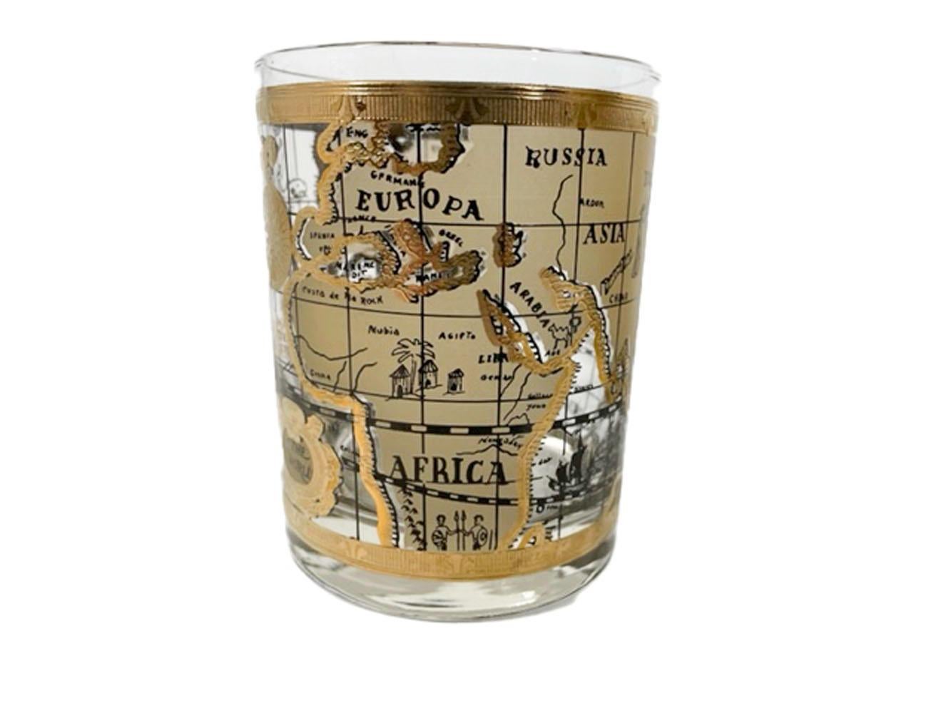 Mid-Century Modern Vintage Set of 4, Cera Old World Map Pattern Double Rocks Glasses For Sale