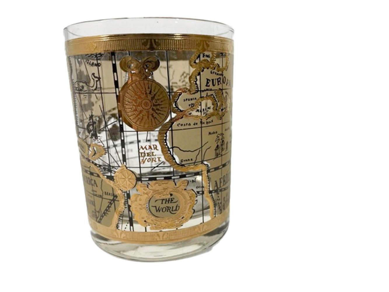 American Vintage Set of 4, Cera Old World Map Pattern Double Rocks Glasses For Sale