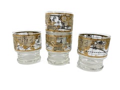 Vintage Set of 4 Cera Old World Map Stacking, Footed Rocks Glasses