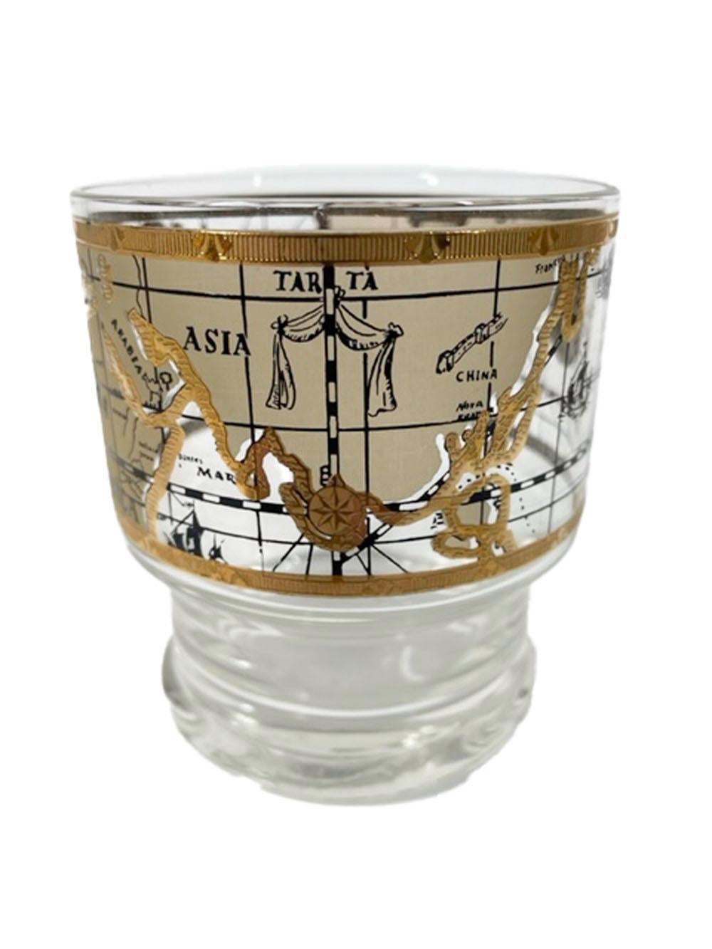 Mid-Century Modern Vintage Set of 4 Cera Old World Map Stacking, Footed Rocks Glasses For Sale