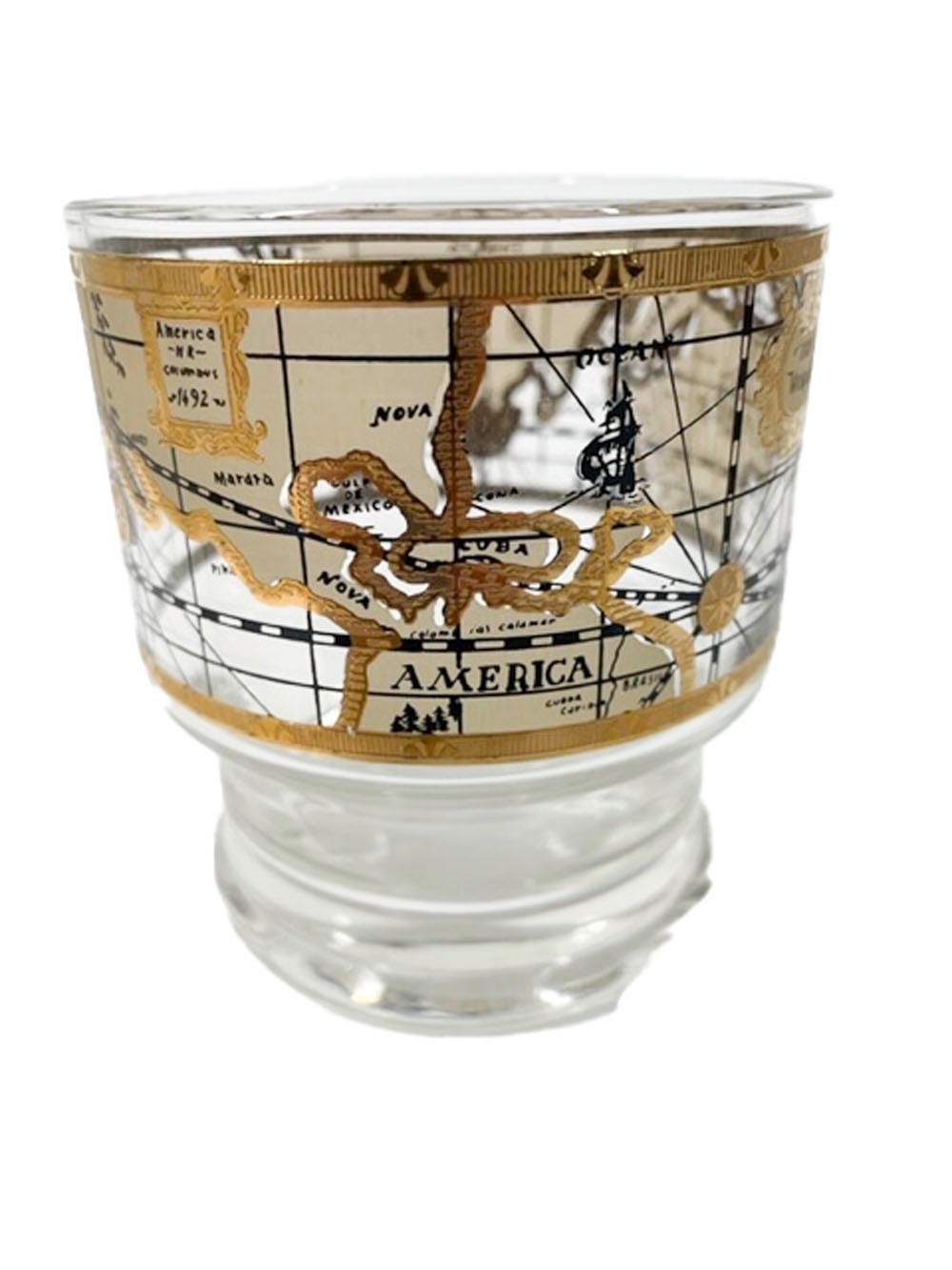 Vintage Set of 4 Cera Old World Map Stacking, Footed Rocks Glasses In Good Condition For Sale In Nantucket, MA