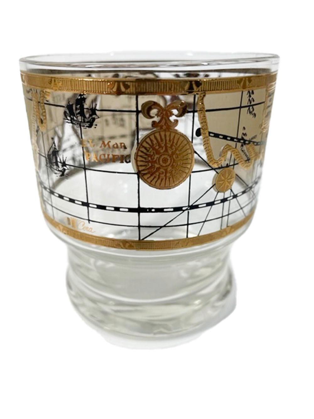 20th Century Vintage Set of 4 Cera Old World Map Stacking, Footed Rocks Glasses For Sale