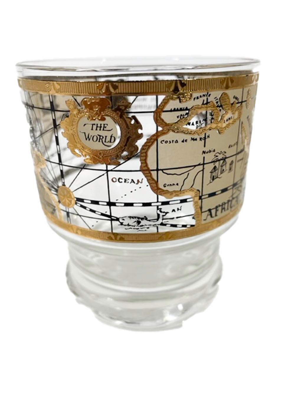 Vintage Set of 4 Cera Old World Map Stacking, Footed Rocks Glasses For Sale 1