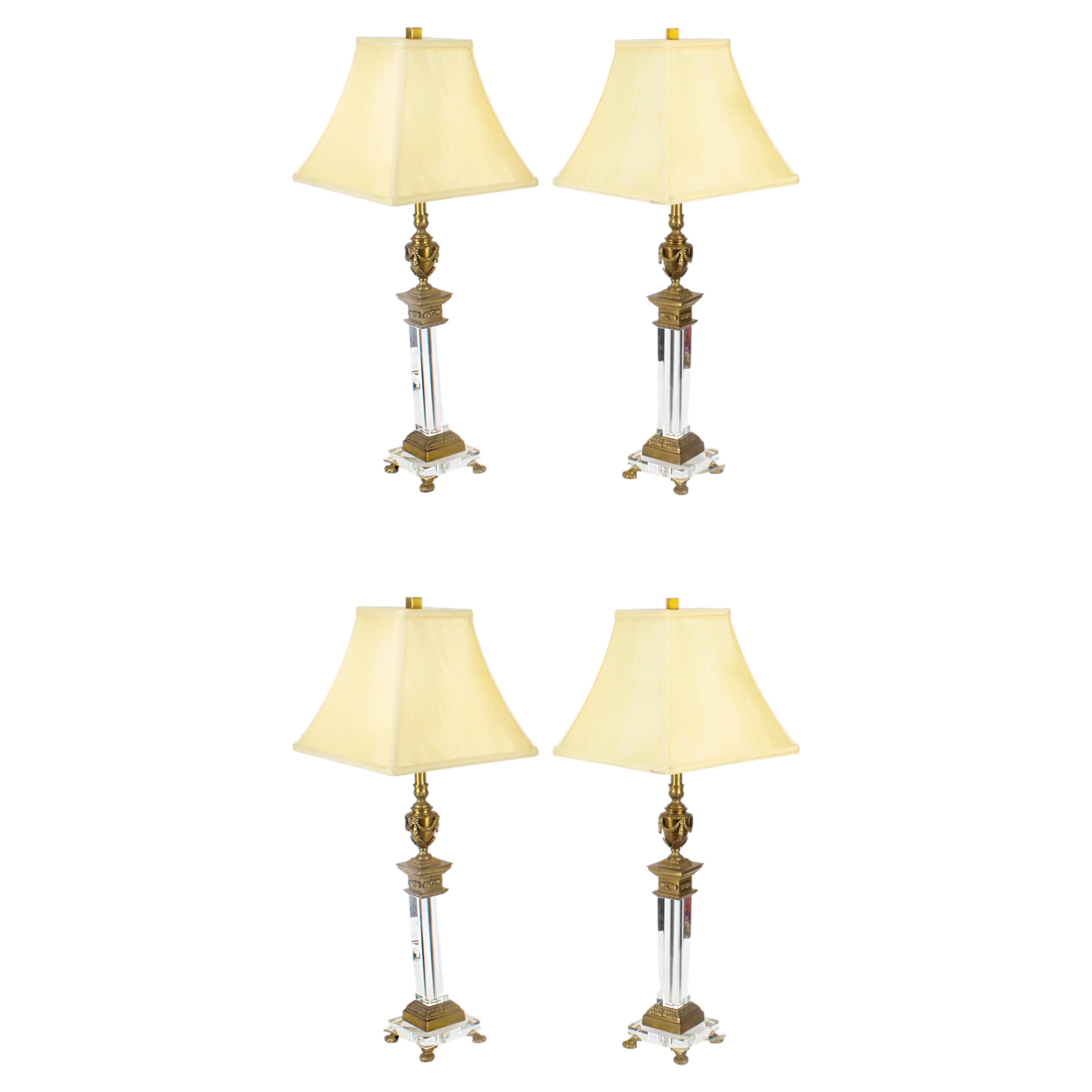 Vintage Set of 4 Corinthian Column Ormolu & Glass Table Lamps, Mid 20th Century
