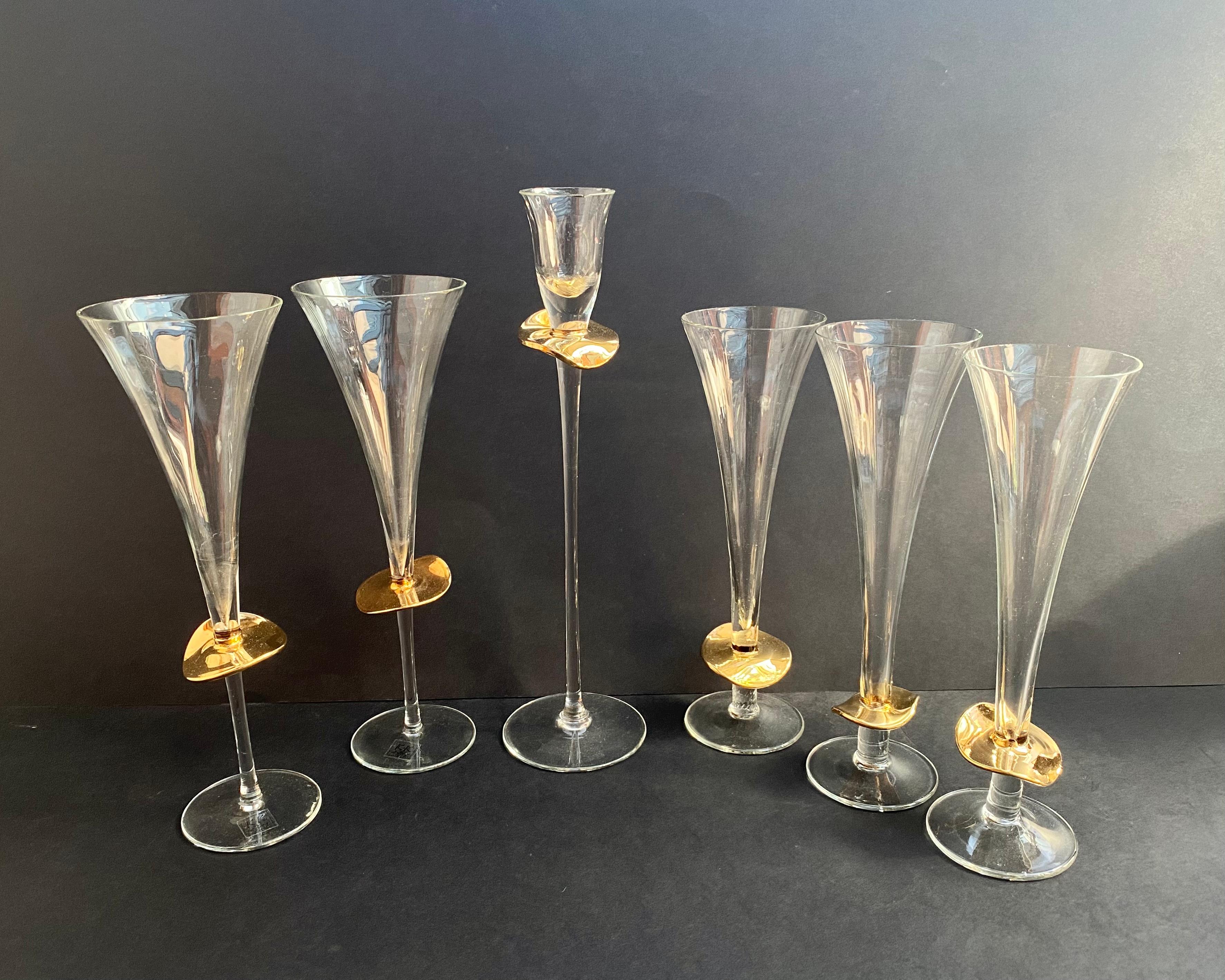 Fin du 20e siècle Ensemble vintage de 4 verres en cristal et chandelier de K&K Styling en or 24 carats, Allemagne en vente