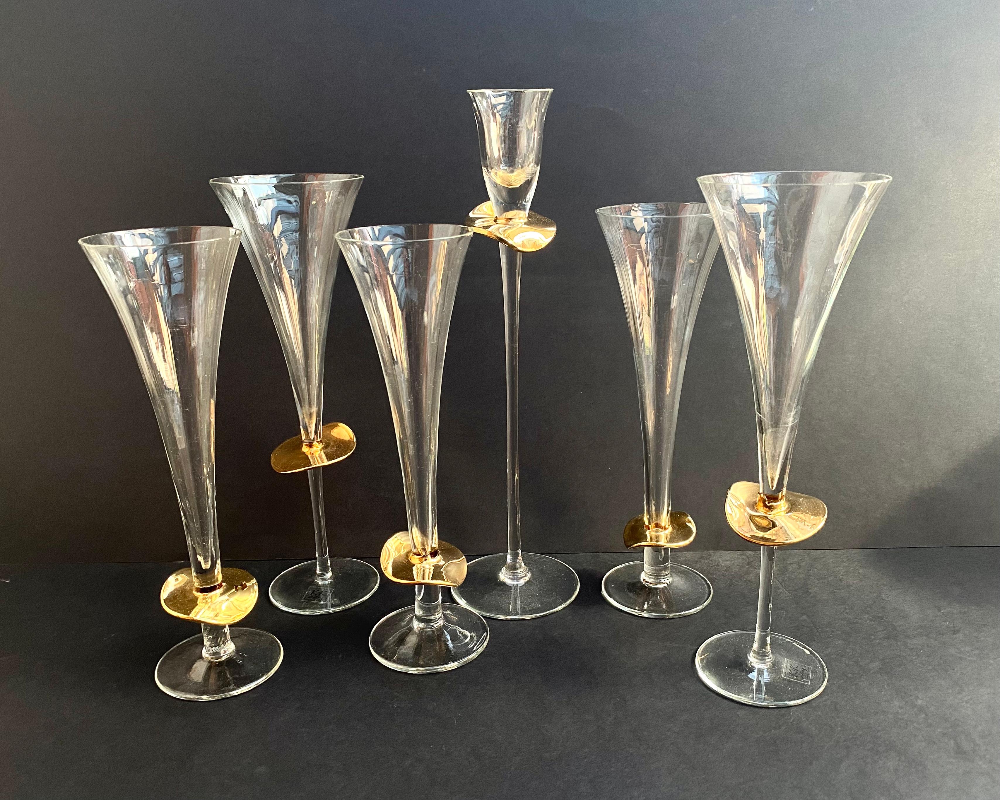 Vintage Set of 4 Crystal Glasses & Candlestick by K&K Styling 24k Gold, Germany In Excellent Condition For Sale In Bastogne, BE