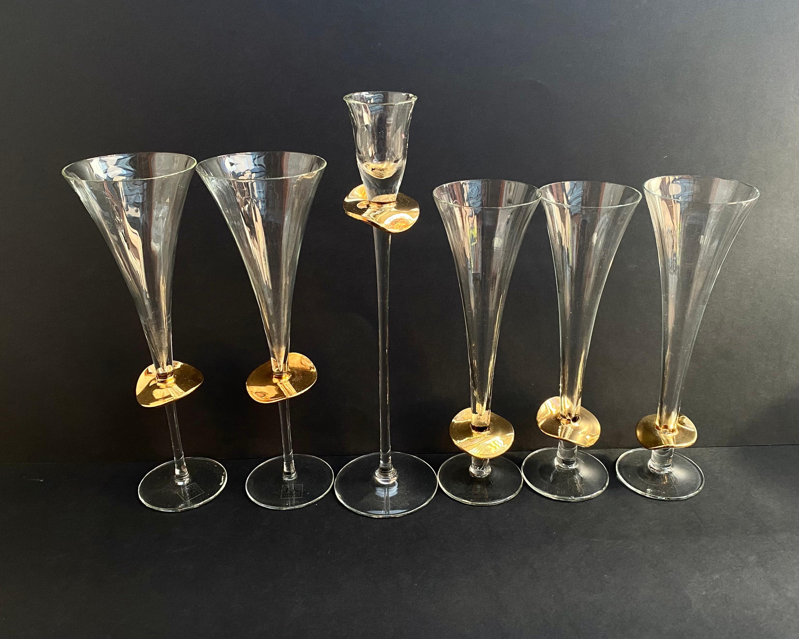 Late 20th Century Vintage Set of 4 Crystal Glasses & Candlestick by K&K Styling 24k Gold, Germany For Sale