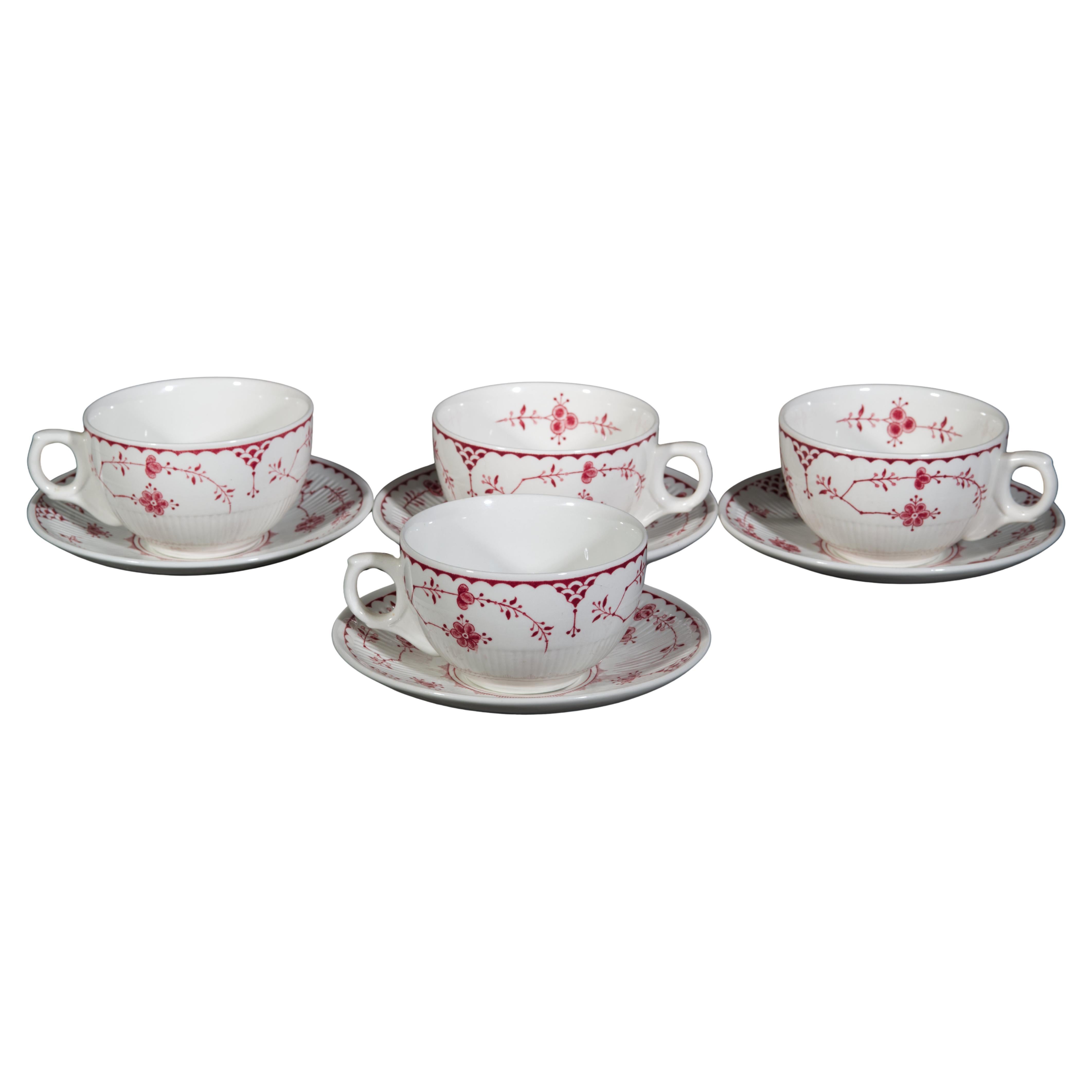 Set di 4 tazze e piattini Furnivals Inghilterra, modello Danimarca Rosso in vendita