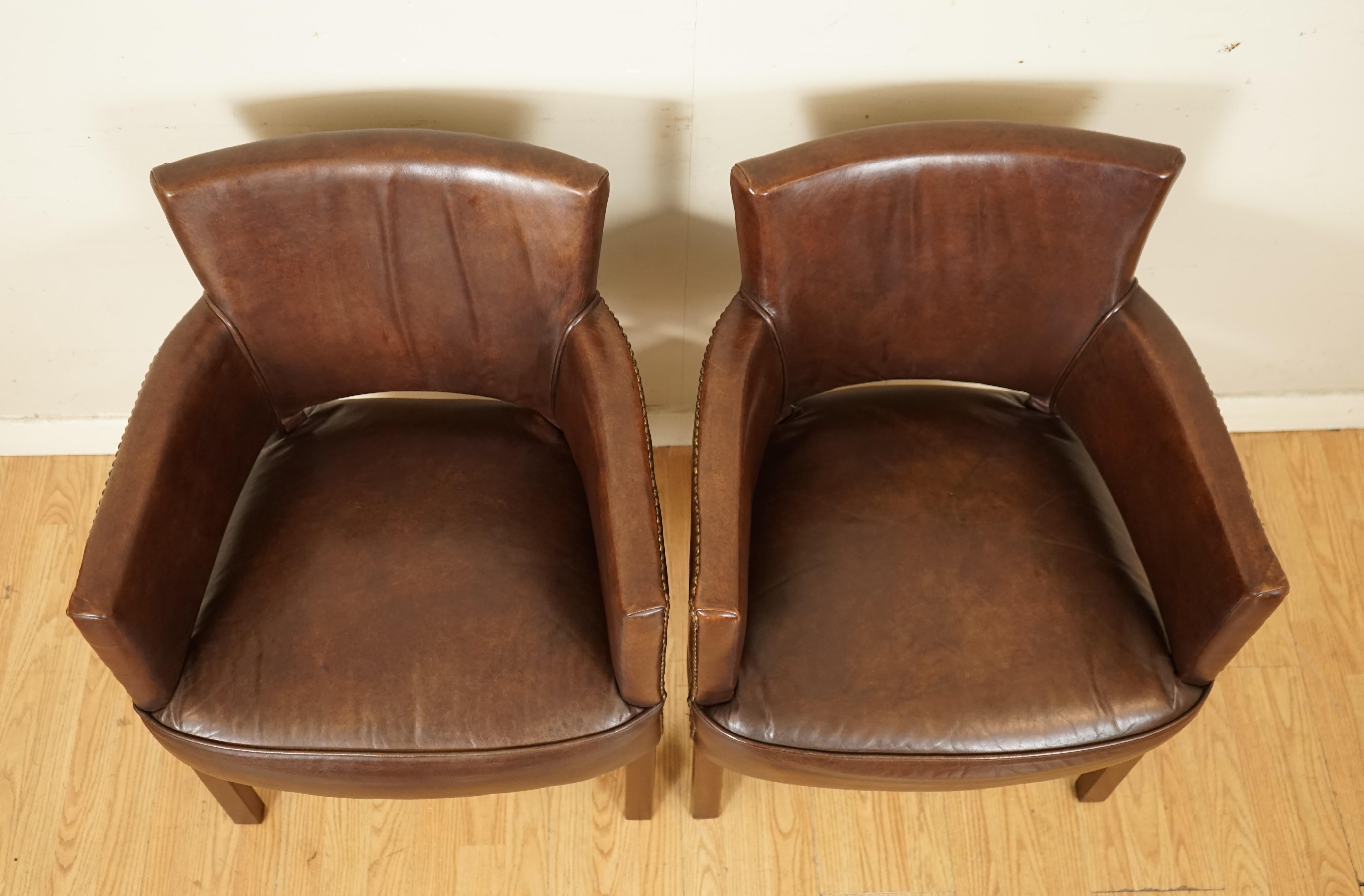 Brass Vintage Set of 4 Halo Newark Leather Biker Tan Dining Chairs Rrp £4, 000