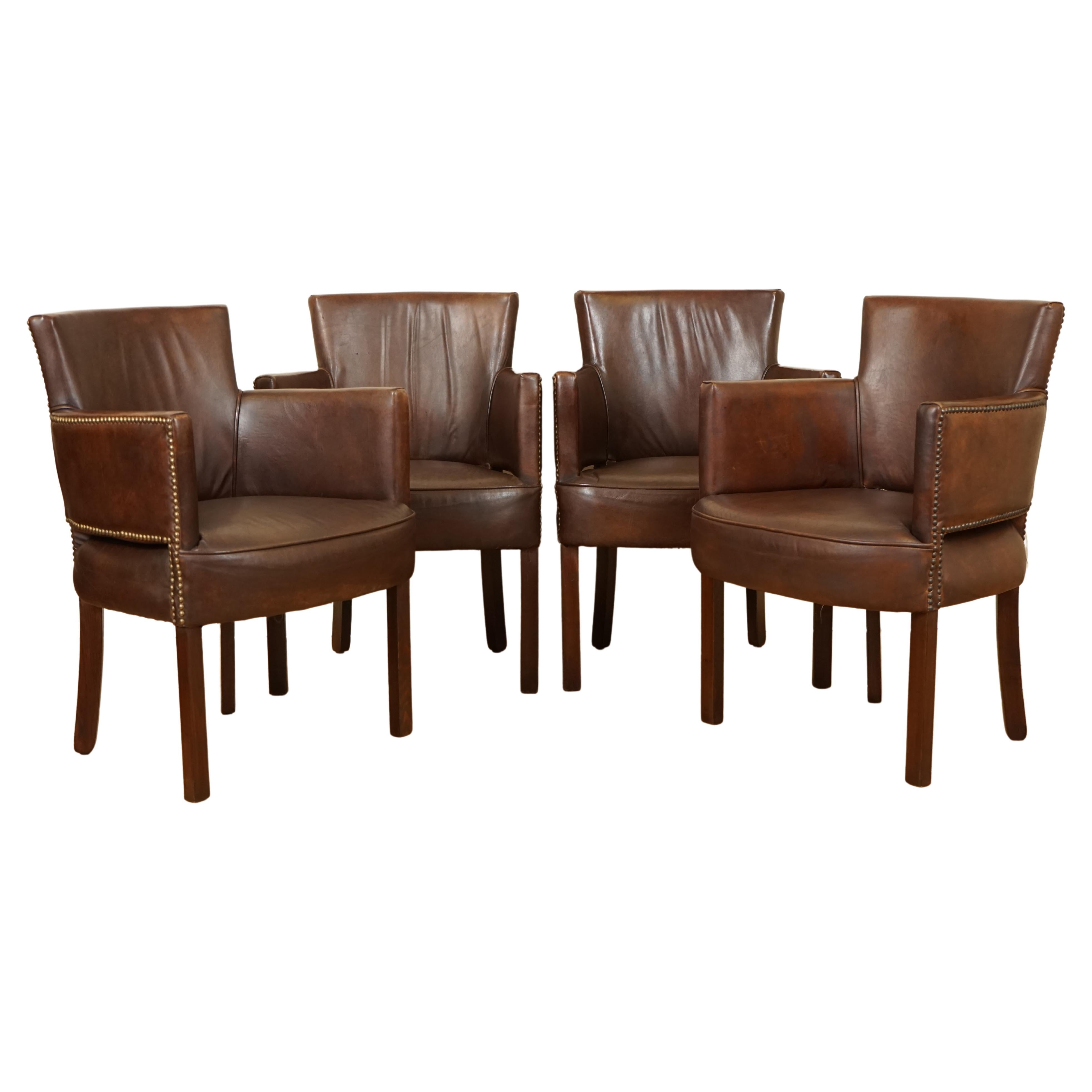 Vintage Set of 4 Halo Newark Leather Biker Tan Dining Chairs Rrp £4, 000