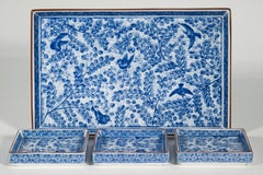Vintage Set of 4 Japanese Trays Arita Sometsuke Blue White Birds Decor