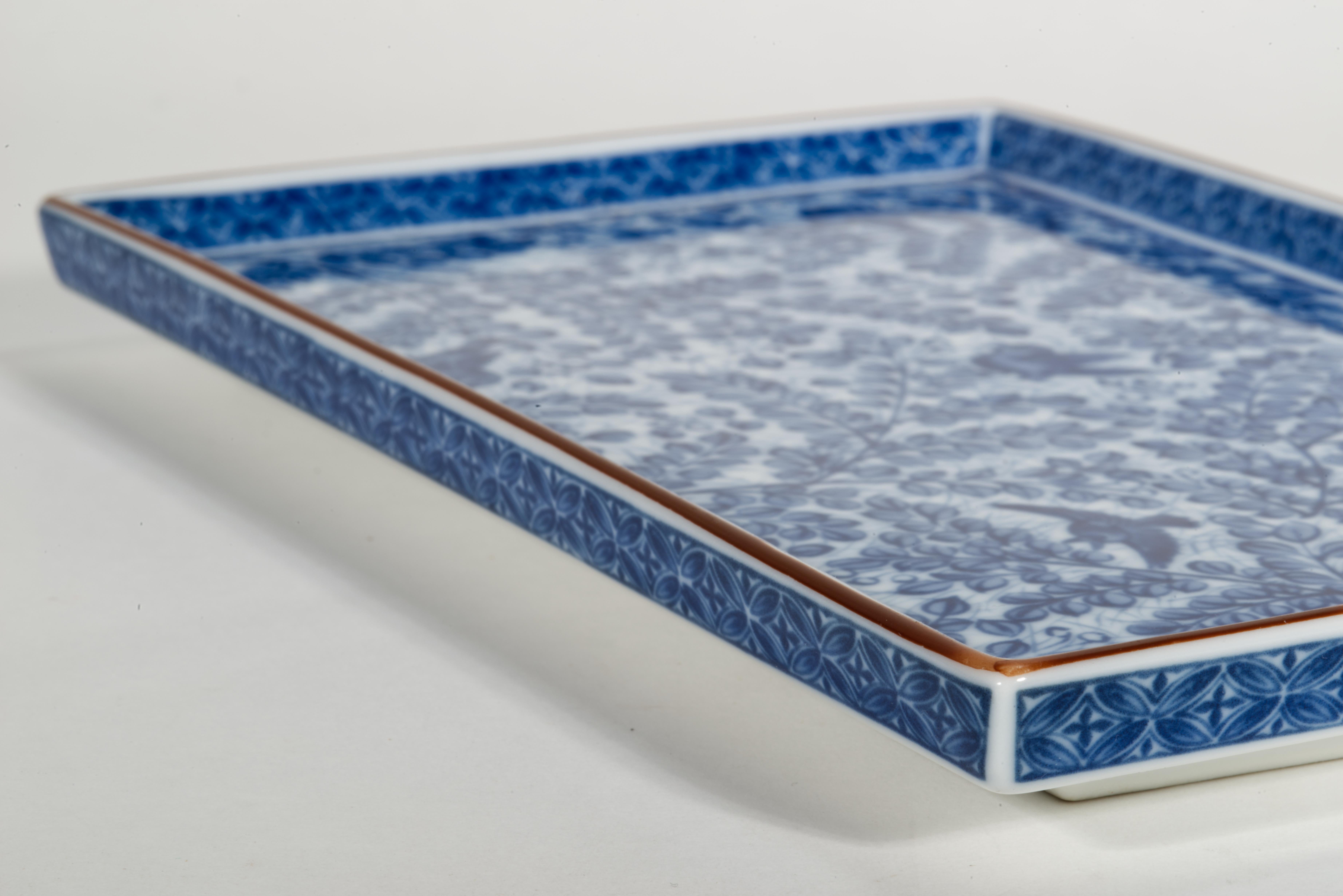 Set di 4 vassoi giapponesi Arita Sometsuke Blue White Birds Decor In condizioni buone in vendita a Clifton Springs, NY
