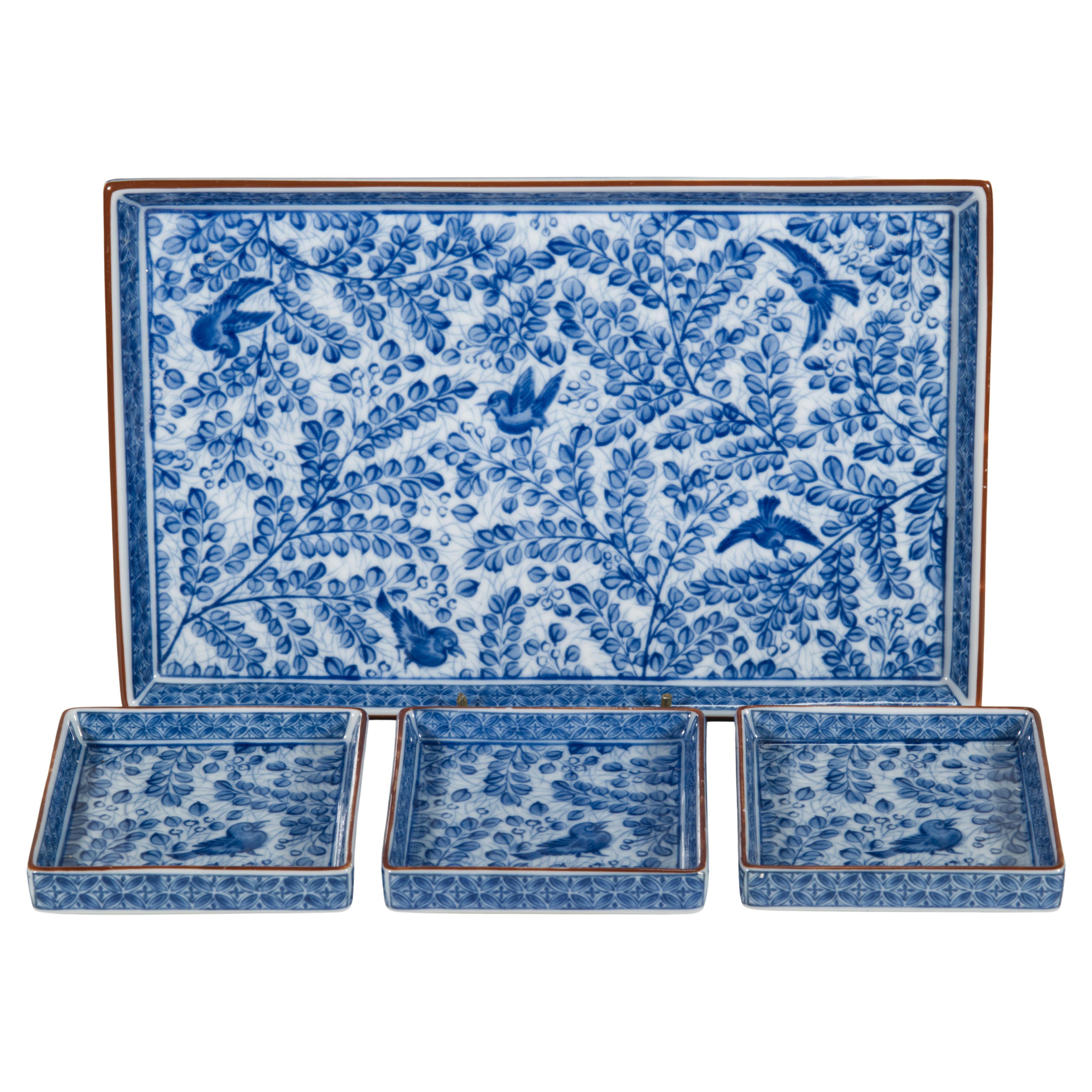 Set di 4 vassoi giapponesi Arita Sometsuke Blue White Birds Decor in vendita