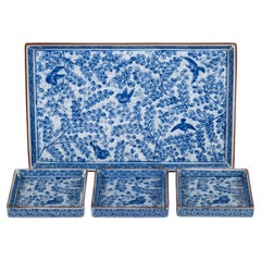 Vintage Set of 4 Japanese Trays Arita Sometsuke Blue White Birds Decor