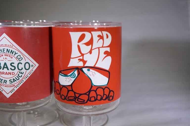 Vintage Set of 4 Red Tabasco Brand Glasses with Red Eye Design For Sale