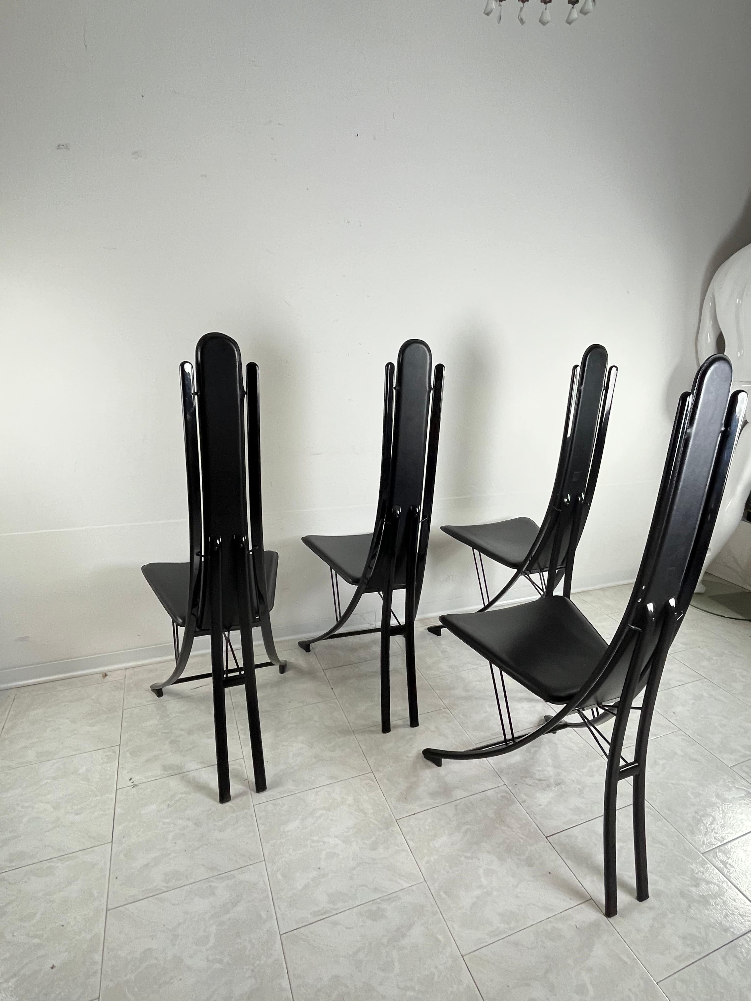 Late 20th Century Vintage Set Of 4 Steel And Leather Chairs Attributed To Recanatini 1980s For Sale