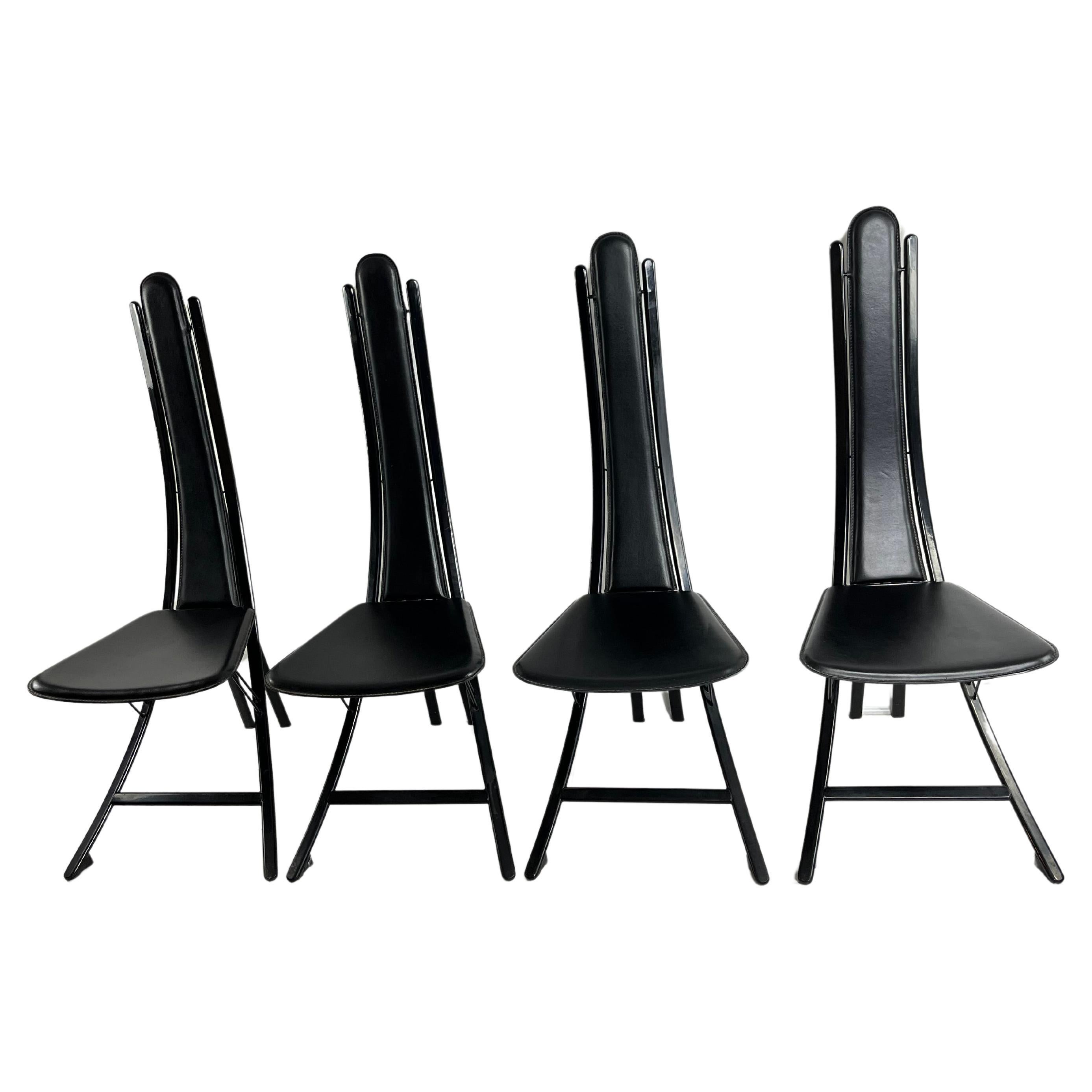 Vintage Set Of 4 Steel And Leather Chairs Attributed To Recanatini 1980s For Sale