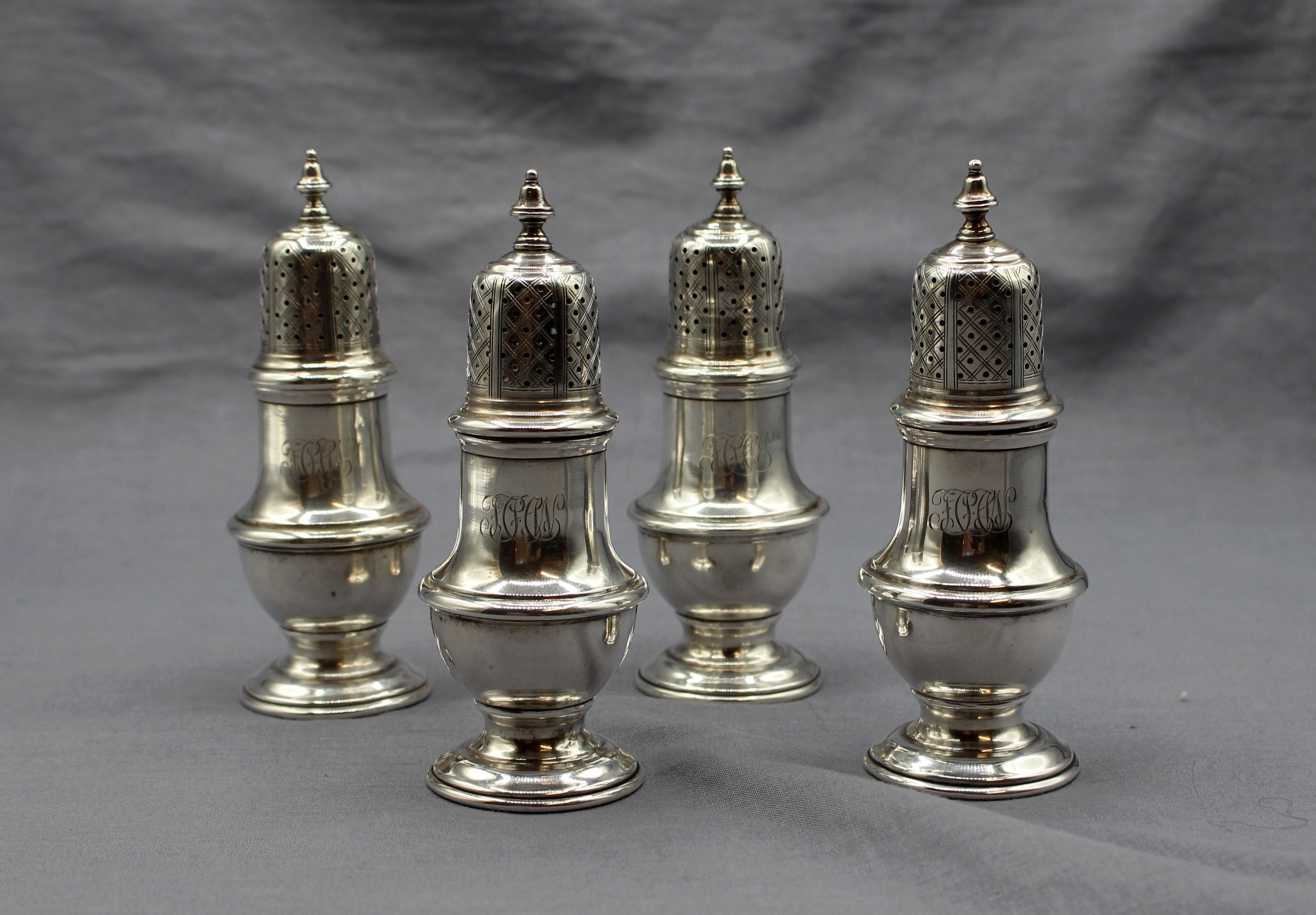 Vintage set of 4 sterling silver pepper casters in George II style by 