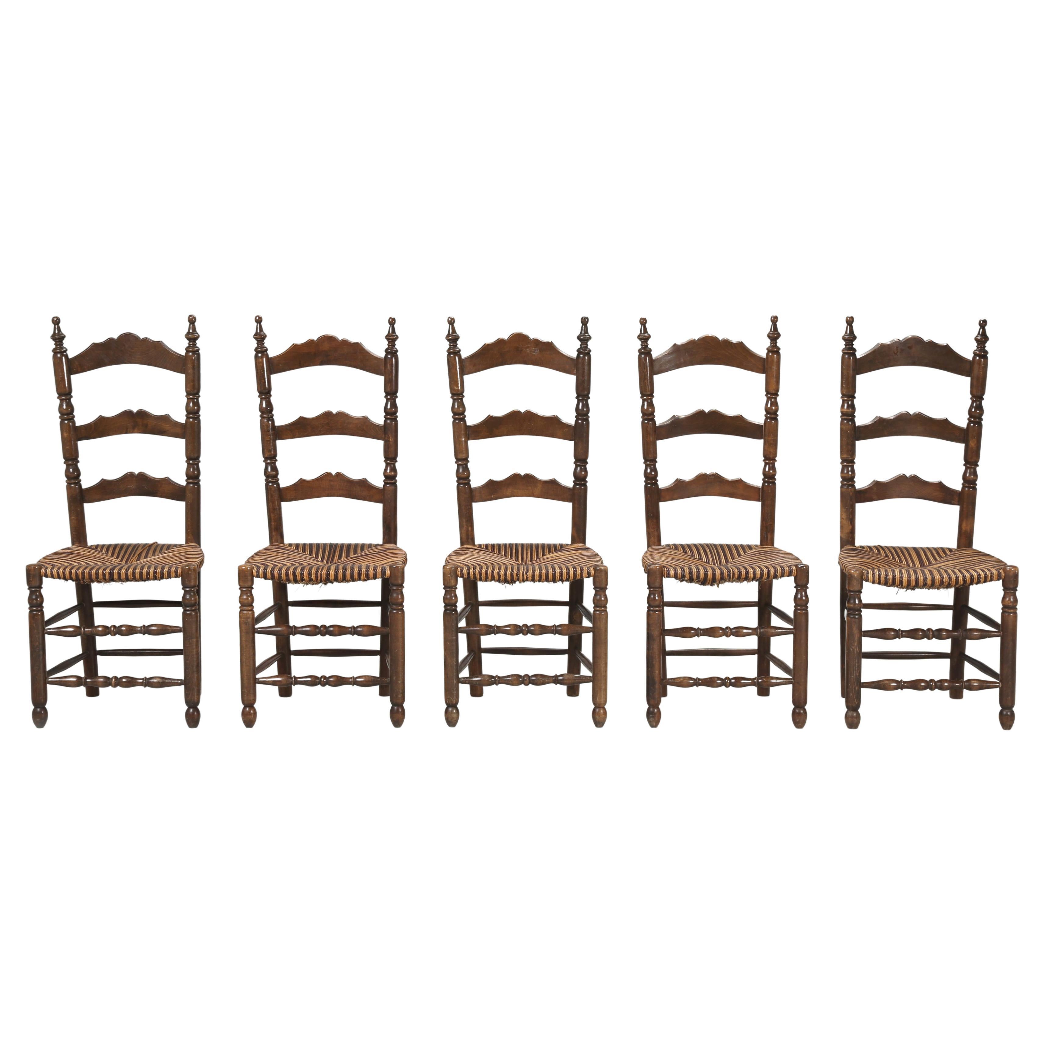 Vintage French Country Provincial Ladder Back Rush Seat Dining Chairs
