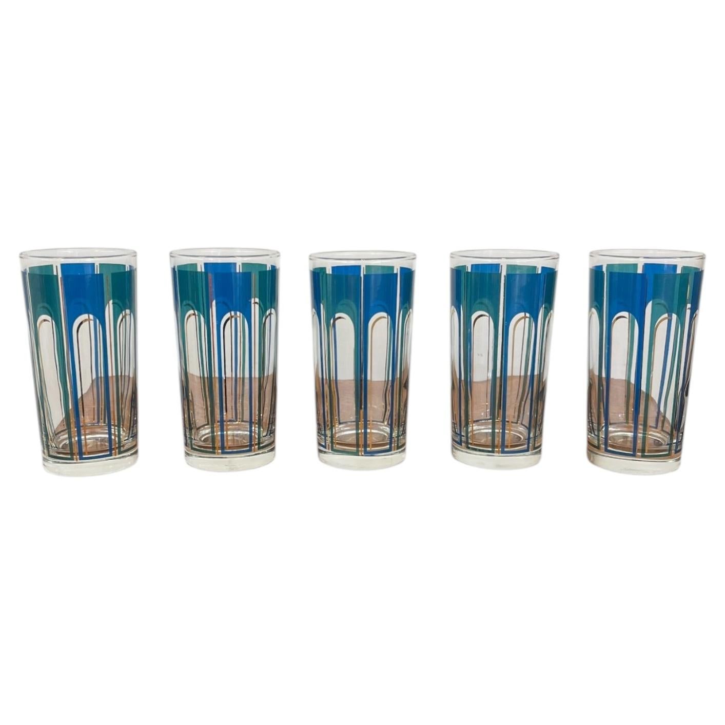 Vintage-Set aus 5 blauen Highball-Gläsern im Mid-Century-Modern-Stil mit geometrischen Mustern.