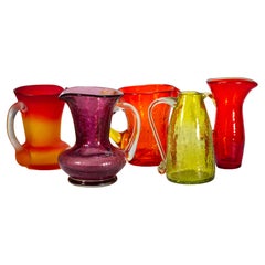 Vintage Set of 5 Mini Pitcher Vases, Uranium and Cadmium Glass, Glow in UV, Hand