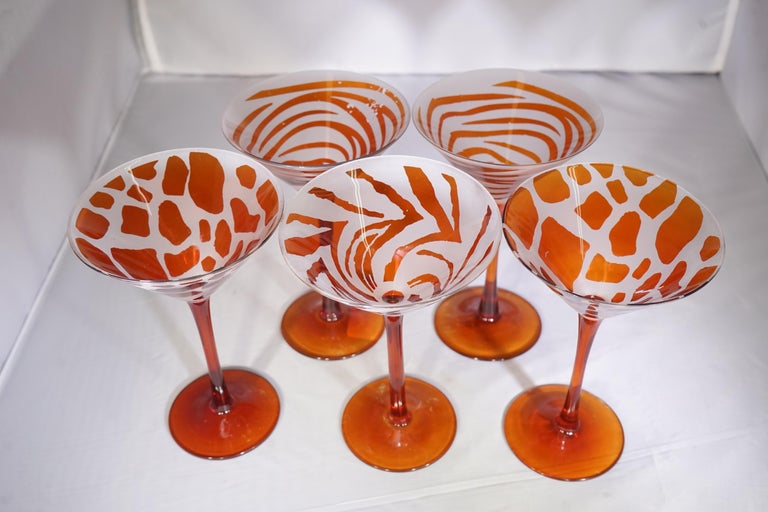 Vintage Set of 5 Orange Glass Animal Print Martini Glasses at 1stDibs | leopard  print martini glasses, leopard martini glass, leopard print glassware