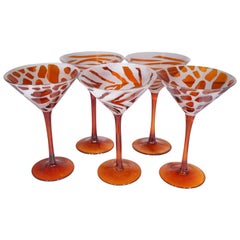 Vintage Set of 5 Orange Glass Animal Print Martini Glasses