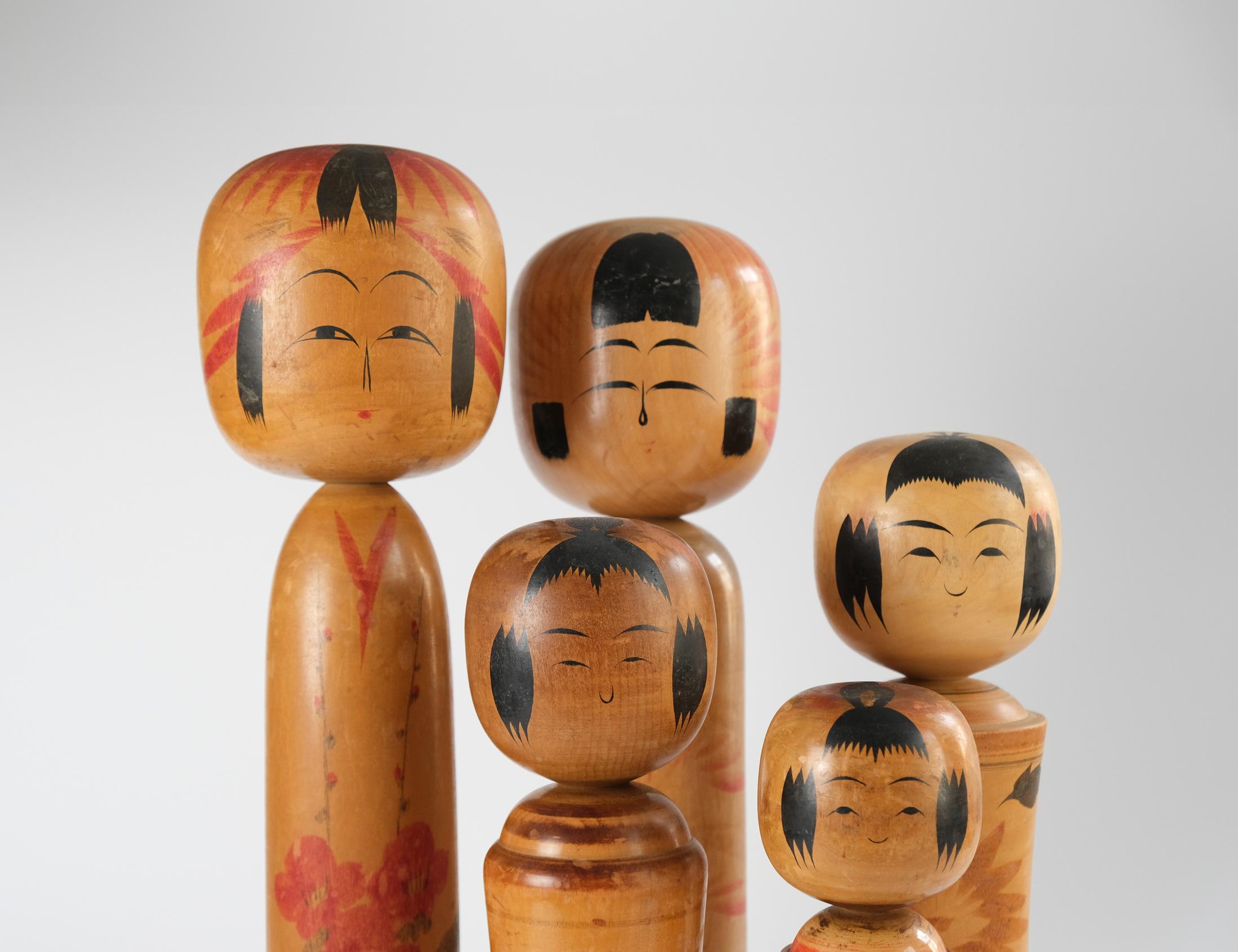 For sale is a vintage set of five traditional Japanese wooden 'Naruko' and 'Togatta' style 