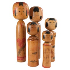 Vintage Set of 5 Traditional Hand-Painted Japanese Kokeshi Dolls, c.1950s