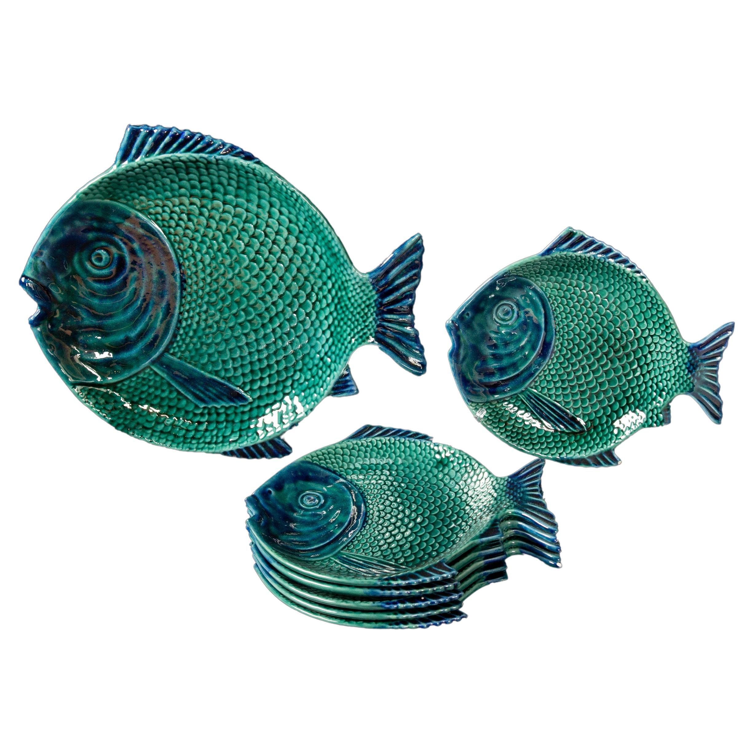 Vintage Set of 6 Blue and Green Fish Shaped  Fish Plates and one Large plater