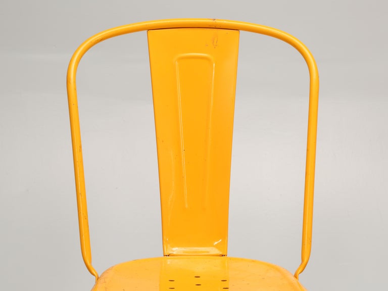Hand-Crafted Vintage Set of '6' Bright Yellow Authentic Tolix Stacking Chairs Unrestored For Sale