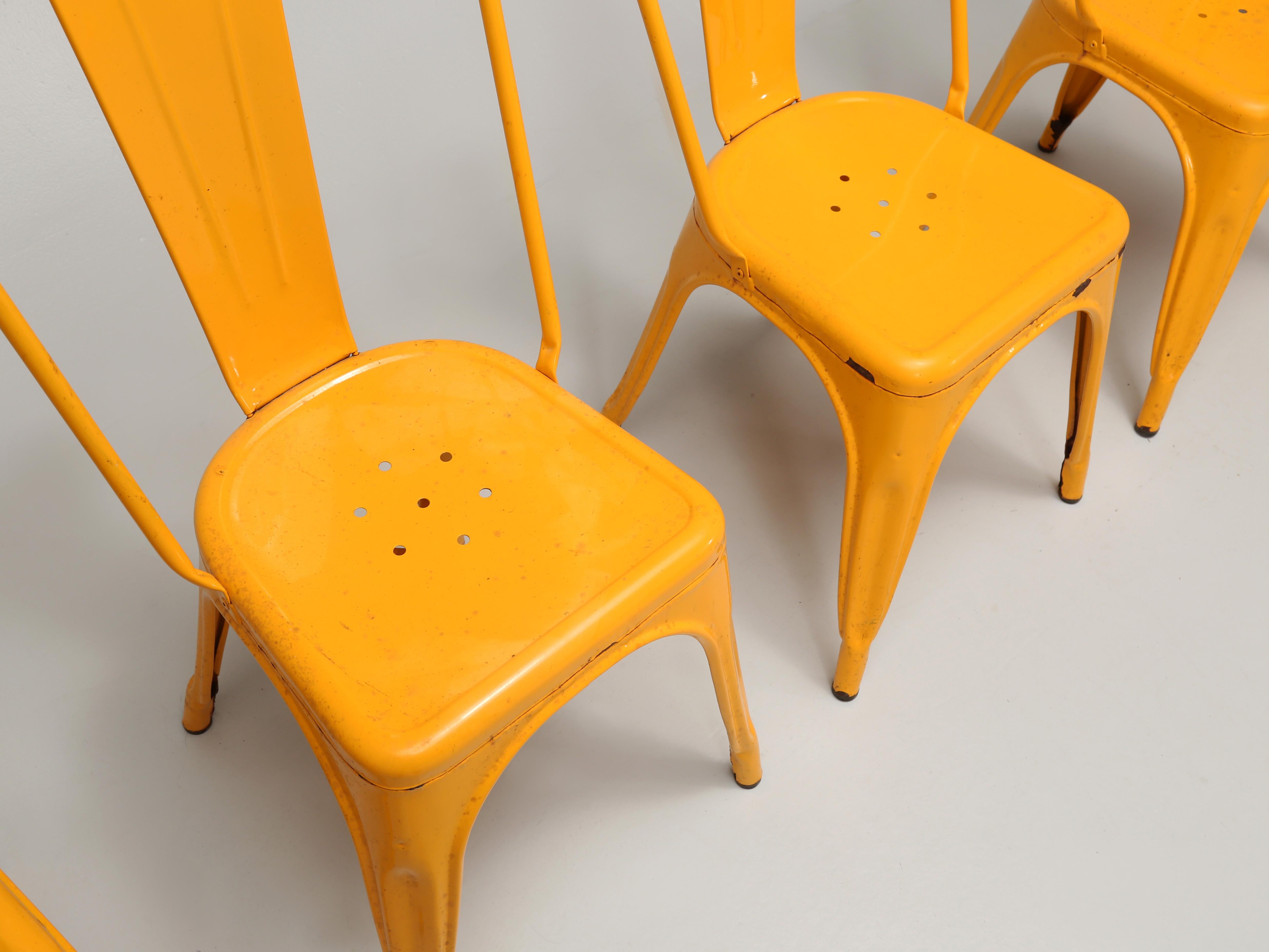 Set of '6' Vintage School Bus Yellow Authentic Tolix Stacking Chairs Unrestored For Sale 1