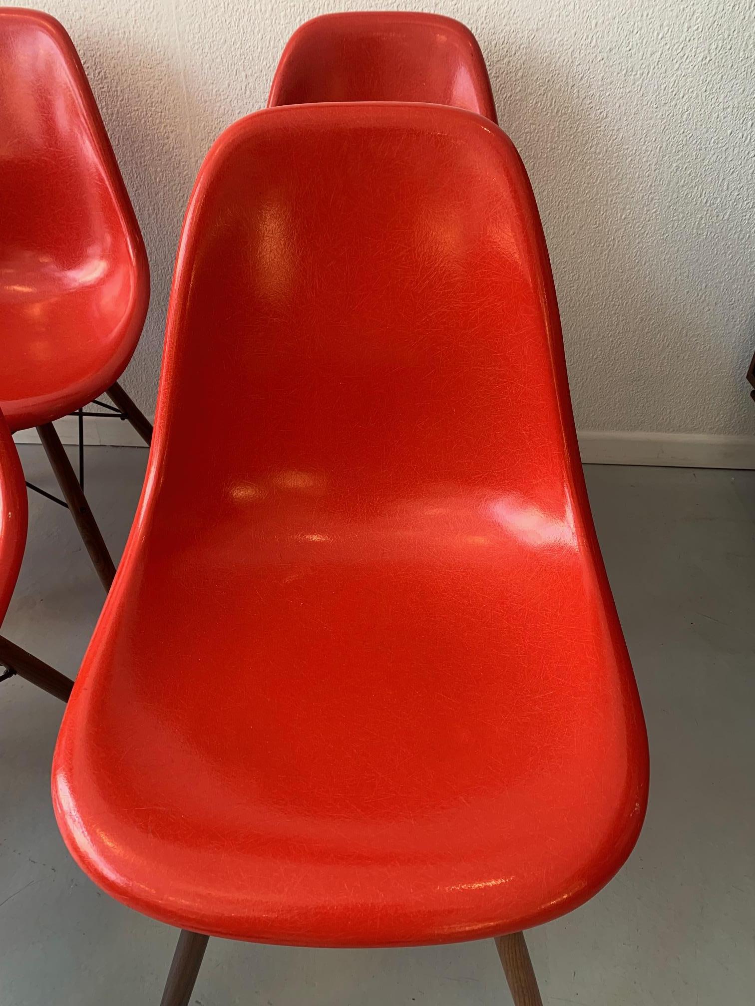 Swiss Vintage Set of 6 Cherry Red Fiberglass Dowel Chairs by Charles & Ray Eames For Sale