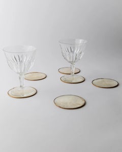 Vintage Set of 6 Coasters, Mother of Pearl with Brass Rim and Cork Base, 1980s