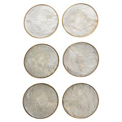 Vintage Set of 6 Coasters, Mother of Pearl with Brass Rim and Cork Base, 1980s