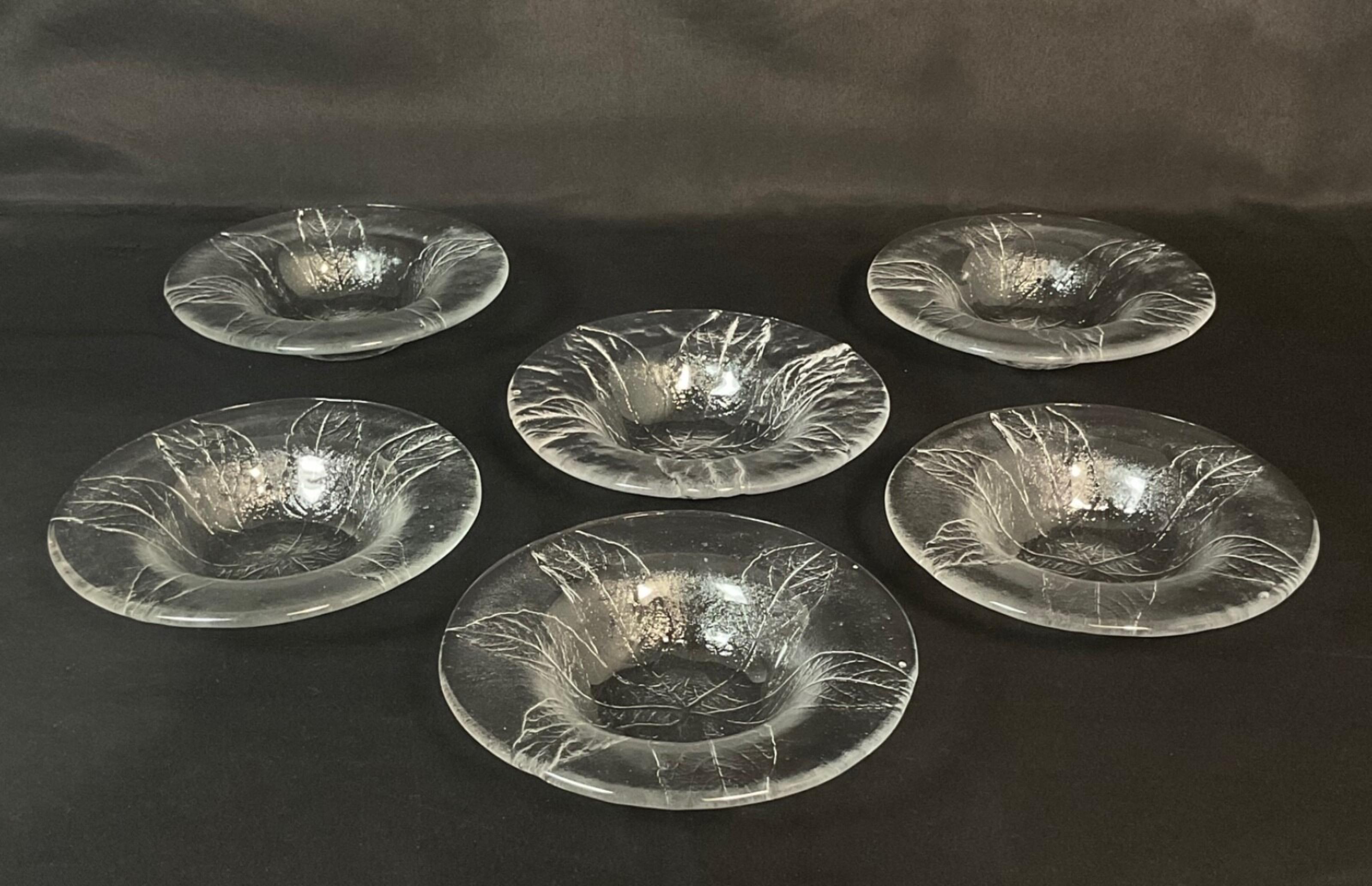 Vintage Set of 6 Crystal Dessert / Fruit Bowls with Leaf Etchings- 2Y619 en vente 7