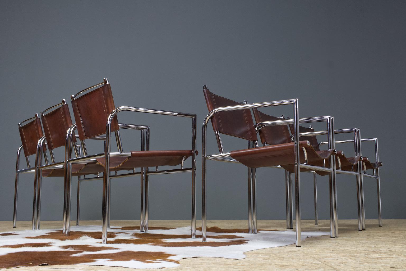 Mid-Century Modern Vintage Set of 6 Dining Room Chairs in Brown Leather and Chrome, 1960s Design