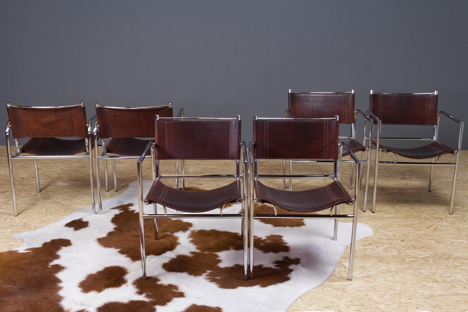 European Vintage Set of 6 Dining Room Chairs in Brown Leather and Chrome, 1960s Design