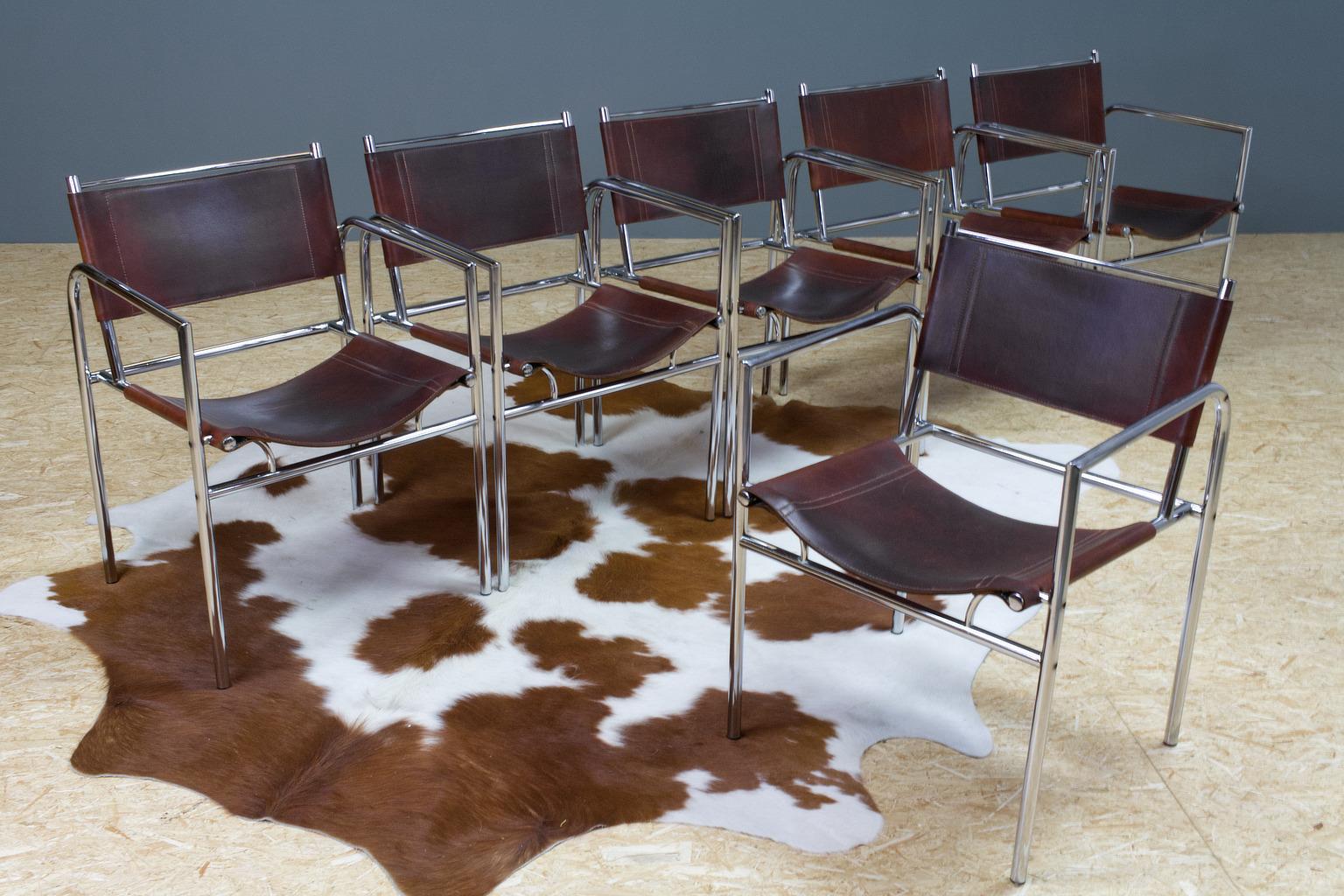 Vintage Set of 6 Dining Room Chairs in Brown Leather and Chrome, 1960s Design In Good Condition In Beek en Donk, NL