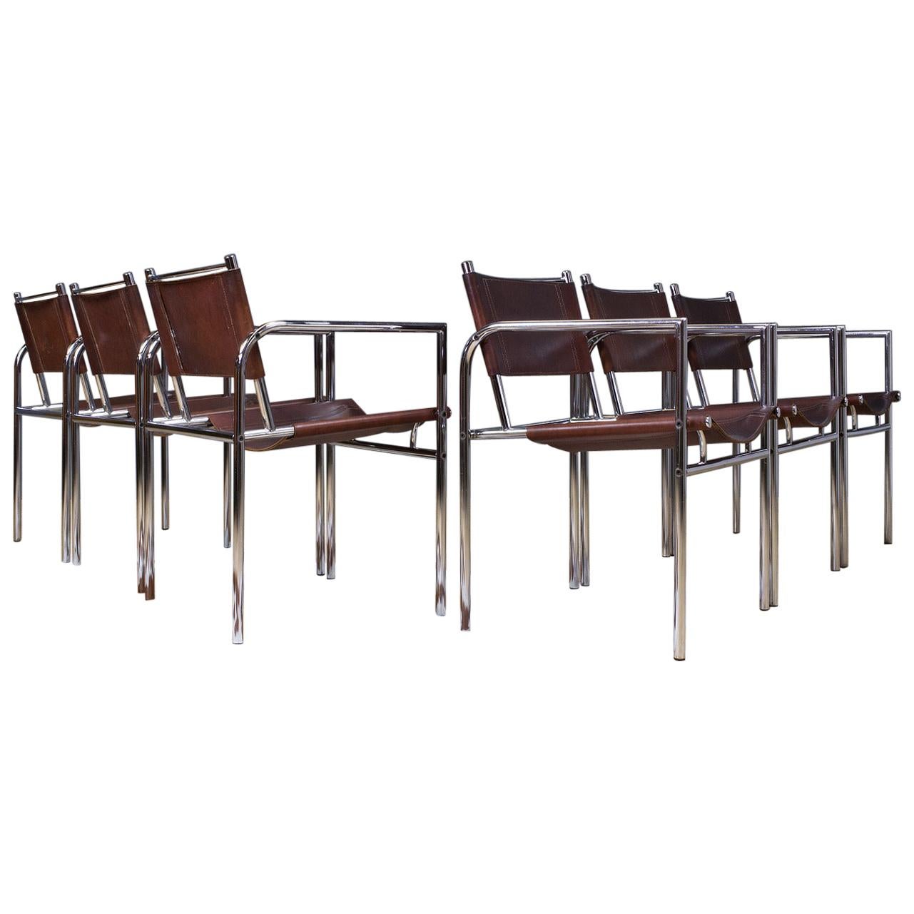 Vintage Set of 6 Dining Room Chairs in Brown Leather and Chrome, 1960s Design